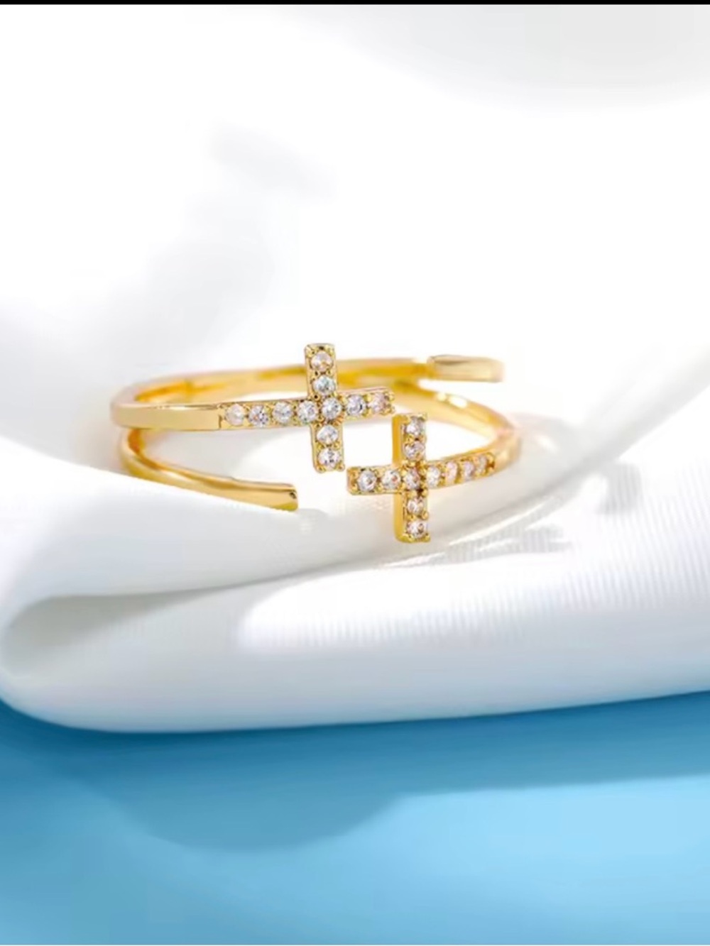 Gold Double Cross Crystal Accent Women's Ring